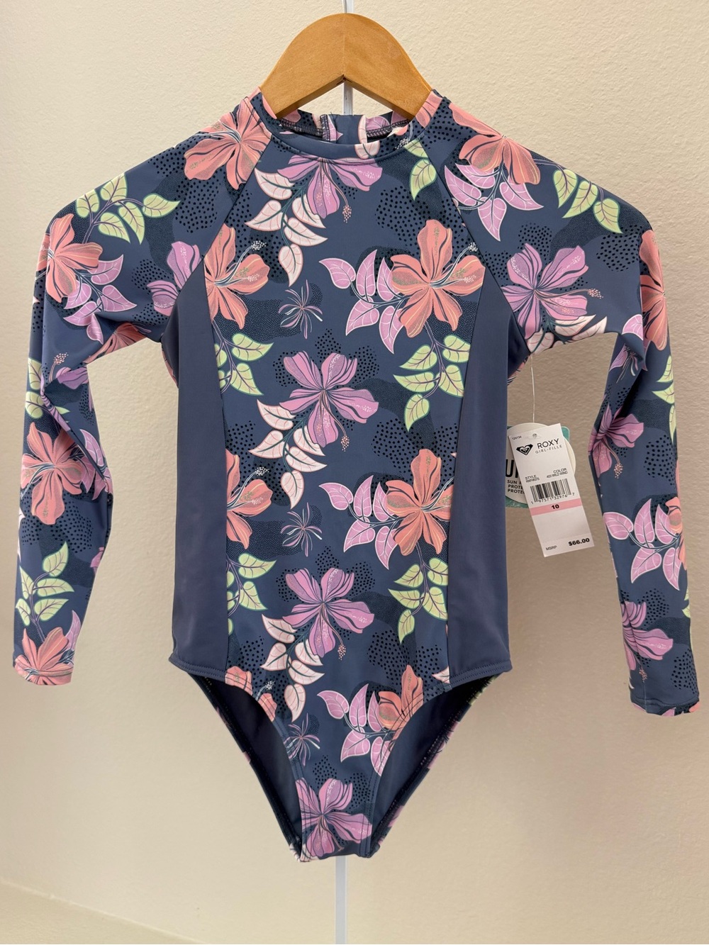 NWT Roxy Girls' Wild Wind Long Sleeve Floral Rash Guard Swimsuit 10 Blue/Pink